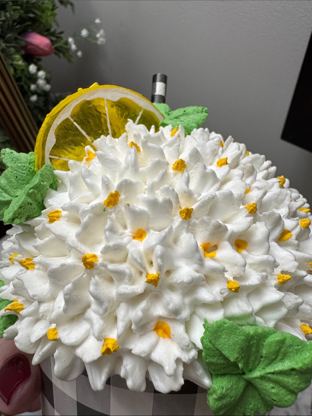 Faux White Floral Decor with Lemon Slice and Green Leaves - fake - Picture 8 of 8